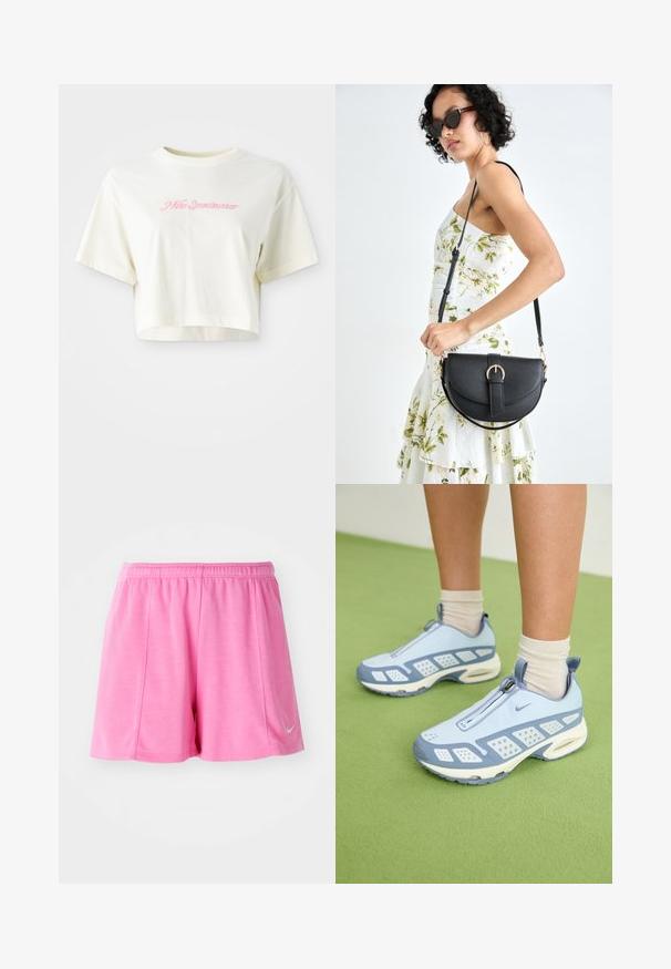 Zkrácené tričko v krémové barvě vyrobené z bavlny. Má růžovou vyšívanou nášivku s nápisem "Nike Sportwear." Krátké rukávy a kulatý výstřih.; Růžové sportovní šortky vyrobené z měkké tkaniny, s elastickým pasem a bočním logem. Rovný střih nohou s hladkou texturou.; Světlé modré sportovní boty s bílými akcenty, texturovanými panely a zipovým uzávěrem. Obsahují viditelnou vzduchovou výplň v podrážce a gumovou podešev.; Černá kožená kabelka s křivkovým tvarem, odnímatelným popruhem a zlatými detaily. Kabelka má klopu s přezkou.