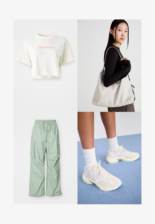 T-shirt cortada, de cor creme, feita de algodão. Apresenta um logo bordado em rosa que diz "Nike Sportwear". Com mangas curtas e gola redonda.; Nike Sportswear DANCE PANT - Calças cargo - jade horizon/sail; Sapatilhas atléticas elegantes em amarelo claro e branco, com materiais de malha e sintéticos, de forma arredondada e solas texturizadas.; Uma bolsa bege feita de material macio, com um design descontraído, detalhes de costura e duas alças para o ombro. Adequada para uso diário.