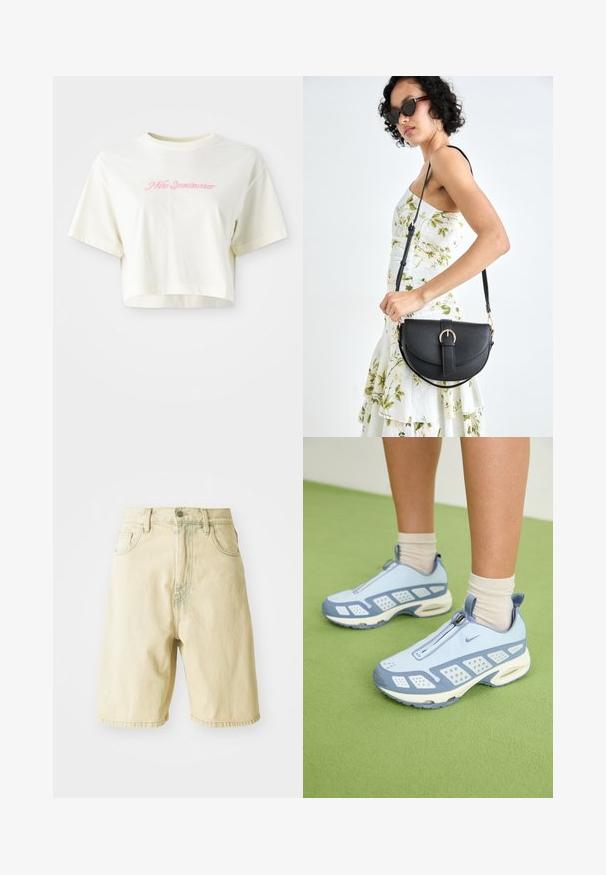 Lühendatud, kreemjas värvi t-särk, mis on valmistatud puuvillast. Omab roosa tikandiga logot, millel on kiri "Nike Sportwear". Lühikesed varrukad ja ümmargune kaelus.; Heledad kollased teksapüksid kõrge vöökohtadega, millel on vööaasad, ees nupp ja küljetaskud. Sile tekstuur ja sirge lõige.; Heledad sinised spordijalatsid valgete detailidega, tekstuuriga paneelid ja tõmblukk. Omab nähtavat õhuklotsiga tallat ja kummist välispinda.; Mustmust mustraha kõverate joontega, eemaldatava rihmaga ja kuldsete detailidega. Kotil on klapp, millel on pandladetail.