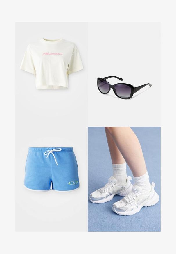 Rövid ujjú, krém színű, pamutból készült póló. A bal mellrészen rózsaszín hímezett logó található, amelyen a "Nike Sportwear" felirat olvasható. Kerek nyakú.; Világoskék pamut rövidnadrág fehér zsinórral, fehér díszítéssel és zöld kiegészítésű logóval az alsó bal oldalon.; Fehér sportcipők, hálós és szintetikus borítással, ezüst Nike logóval, fehér bordás zoknikkal párosítva, egy kék felületen.; Polaroid Napszemüvegek - black