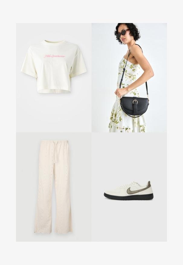 Lühendatud, kreemjas värvi t-särk, mis on valmistatud puuvillast. Omab roosa tikandiga logot, millel on kiri "Nike Sportwear". Lühikesed varrukad ja ümmargune kaelus.; Kreemikas värv, liikuvate jalgadega püksid, millel on elastne vöökoht, tõmblukk ja aukudega dekoratsioonid kangal ja servadel. Kaldus servad.; Nike Sportswear FIELD GENERAL - Tossud - off-white/black; Mustmust mustraha kõverate joontega, eemaldatava rihmaga ja kuldsete detailidega. Kotil on klapp, millel on pandladetail.