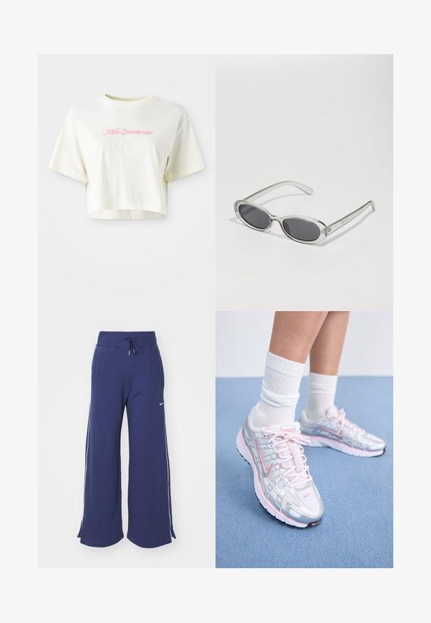 Trumpas, kreminės spalvos marškinėliai, pagaminti iš medvilnės. Puošti rožiniu siuvinėtu logotipu su užrašu "Nike Sportwear." Trumpomis rankovėmis ir apvaliu kaklu.; Nike Sportswear PANT - Treningo apatinė dalis - midnight navy; Nike bėgimo batai su sidabriniu tinkleliu ir rožiniais akcentais, balta raišteliu ir tekstūruotu padu. Dėvimi su baltais medvilniniais sportiniais kojiniais.; Akiniai nuo saulės ovalo formos, su skaidriu plastiko rėmu, tamsiai pilkais objektyvais ir plonomis skaidriomis šakėmis, dekoruotais logotipų akcentais ir minimaliais detalėmis.