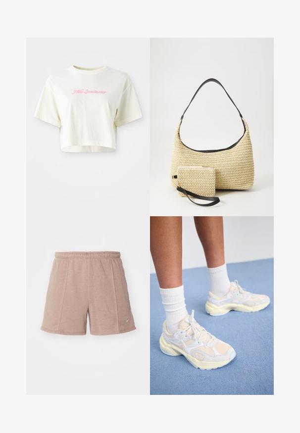 Lühendatud, kreemjas värvi t-särk, mis on valmistatud puuvillast. Omab roosa tikandiga logot, millel on kiri "Nike Sportwear". Lühikesed varrukad ja ümmargune kaelus.; Heledad roosa sportlühikesed püksid, mis on valmistatud pehmest kangast ja millel on elastne vöökoht. Omab külgõmblusi ja väikest logo alumisel paremal küljel.; Siledatletilised jalanõud helesinises ja valges, koosnevad võrkmaterjalidest ja sünteetilistest materjalidest, ümar kuju ja tekstuuriga tallad.; Kootud õlekott, millel on kõver siluett, ja sile must nahkrihm ning sobiv väike kott, mis on kinnitatud randme rihmaga.