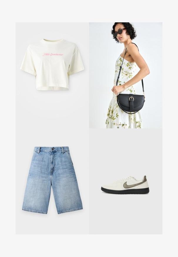 Cropped, cream-colored t-shirt made of cotton. Features a pink embroidered logo that reads "Nike Sportwear." Short sleeves and a round neckline.; Light blue denim shorts with a loose fit, five-pocket design, and a button closure at the waistband. Frayed hem detail at the legs.; Nike Sportswear FIELD GENERAL - Trainers - off-white/black; Black leather handbag with a curved shape, detachable strap, and gold hardware. The bag features a flap with a buckle detail.
