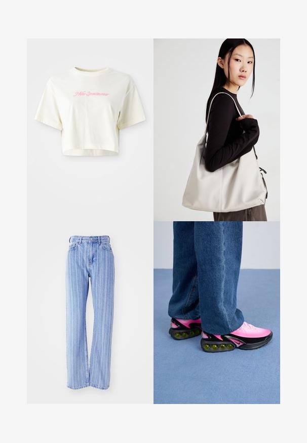 Skrajšana, krema barve majica iz bombaža. Ima roza vezen logotip z napisom "Nike Sportwear." Ima kratke rokave in okroglo ovratnik.; Svetlo modri traper hlače z navpičnimi belimi črtami, visok pas, ohlapen kroj, pet žepov in zapiranje na gumb.; Atletski čevlji z gradientno roza zgornjim delom, črnimi detajli in debelim podplatom, ki prikazuje vidne zelene blazine za blaženje. Obuti z modrimi kavbojkami.; Bežna torbica iz mehkega materiala, z ohlapno zasnovo, šivi in dvema naramnicama. Primerna za vsakodnevno uporabo.