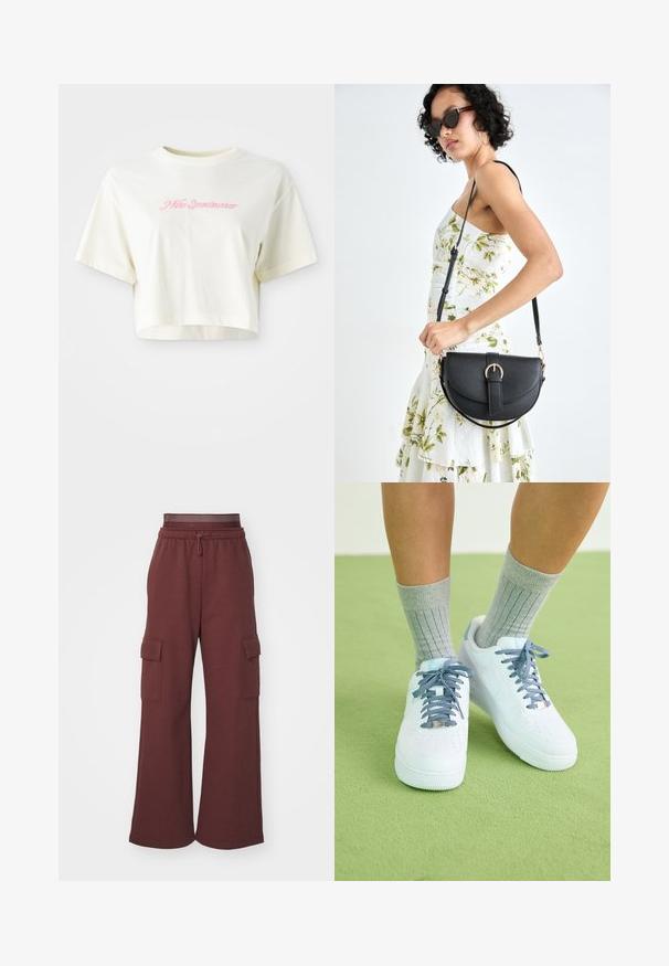 T-shirt cortada, de cor creme, feita de algodão. Apresenta um logo bordado em rosa que diz "Nike Sportwear". Com mangas curtas e gola redonda.; Champion EMOTIONAL DANCE WIDE LEG CARGO PANTS - Calças de fato de treino - dark brown; Sapatilhas de couro brancas com detalhes azuis, design de biqueira perfurada e atacadores texturizados azul e branco, usadas com meias cinzas caneladas.; Bolsa de couro preta com forma curva, alça destacável e detalhes em dourado. A bolsa possui uma aba com detalhe de fivela.