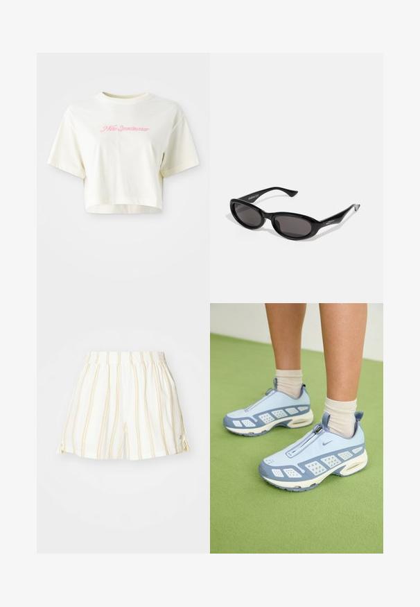 Rövid ujjú, krém színű, pamutból készült póló. A bal mellrészen rózsaszín hímezett logó található, amelyen a "Nike Sportwear" felirat olvasható. Kerek nyakú.; Fehér rövidnadrág vékony sárga függőleges csíkokkal, rugalmas derékkal és oldalsó hasítékokkal. Könnyű, lélegző anyagból készült.; Világoskék sportcipők fehér díszítéssel, texturált panelek és cipzáras záródás. Jellemzője a látható légpárnás talp és a gumitalp.; Fekete, ovális napszemüveg sötét lencsékkel. A keret elegáns, enyhén fényes műanyag, ferde végekkel és diszkrét márkázással a templomoknál.