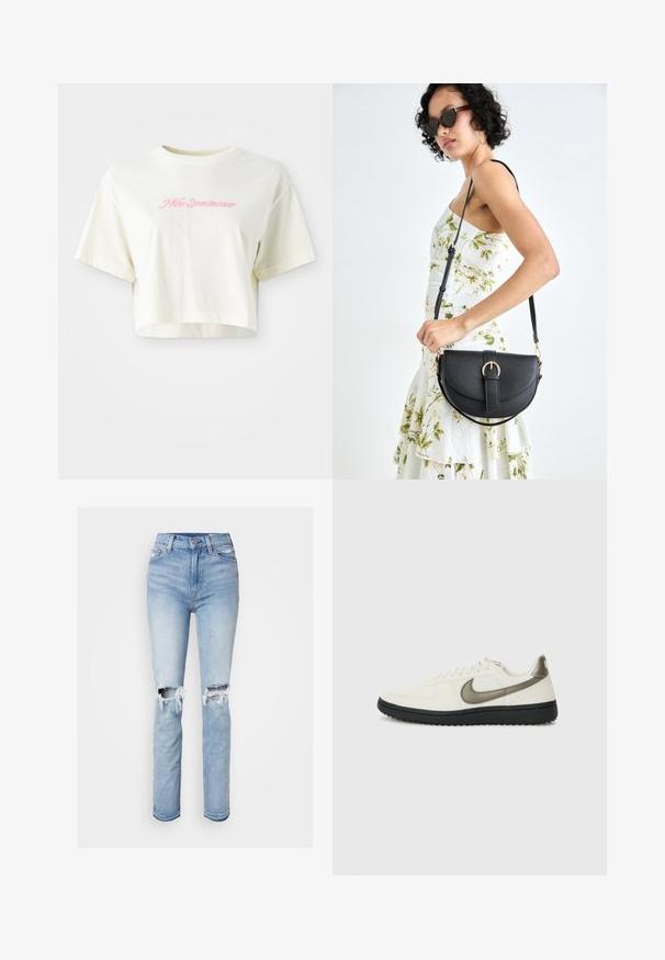 Tricou scurt, de culoare crem, realizat din bumbac. Prezintă un logo brodat roz care spune "Nike Sportswear". Are mâneci scurte și guler rotund.; Jeans din denim albastru cu talie înaltă, cu distrugeri la genunchi, croială dreaptă, spălare deschisă și detalii cu margine desfăcută.; Nike Sportswear FIELD GENERAL - Sneakers low - off-white/black; Geantă din piele neagră, cu o formă curbată, curea detașabilă și accesorii aurii. Geanta are un capac cu un detaliu tip cataramă.