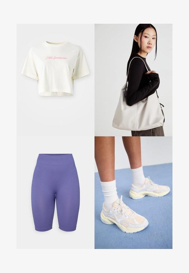 Beskåret kremfarget t-skjorte laget av bomull. Har en rosa brodert logo med teksten "Nike Sportswear." Korte ermer og rund hals.; Lilla høytlivede sykkelshorts med ribbet tekstur, tettsittende design og midt-lår lengde. Ingen bemerkelsesverdig hardware eller mønstre.; Smarte, atletiske sko i lys gul og hvit, med mesh- og syntetiske materialer, en avrundet form og teksturerte såler.; Beige håndveske laget av mykt materiale, med en slapp design, sydd detaljer og to skulderstropper. Passer for daglig bruk.