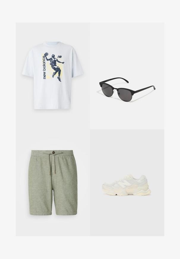 Helles blaues Baumwoll-T-Shirt mit einer dunklen Silhouette eines Basketballspielers und dem Schriftzug "New Balance" in kontrastierenden Farben. Kurze Ärmel.; Hellgrüne Shorts aus einem strukturierten Stoff mit einem elastischen Bund, einem Kordelzug und einem einzelnen Knopfverschluss.; Leichte Sneaker mit einem Obermaterial aus Mesh und Wildleder in sanften Cremetönen, einer dicken Sohle und dreidimensionalen Akzenten.; Schwarze Sonnenbrille mit runden Gläsern, matter Oberfläche und markanter Cat-Eye-Form. Schlanke Bügel mit dezenter Markenkennzeichnung am linken Schläfenstück.