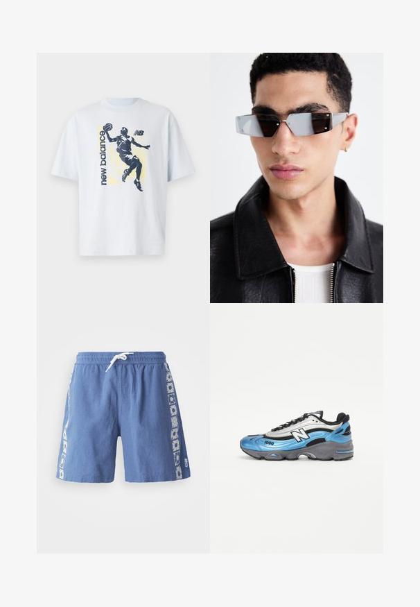 T-shirt de algodão azul claro com uma silhueta escura de um jogador de basquete e o texto "new balance" em cores contrastantes. Mangas curtas.; Calções de banho azuis feitos de um tecido leve, com um cós ajustável por cordão e detalhes impressos em padrão floral nas laterais.; Sapatilha atlética azul e prata, com materiais em malha e sintéticos, apresentando uma sola cinza espessa e destacados acentos pretos. Número do modelo 1000 visível.; Óculos de sol angulares com tonalidade cinza e detalhes em prata, contra um fundo claro. As lentes apresentam uma forma geométrica única.