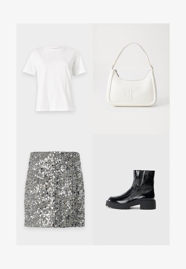 Balta medvilninė marškinėliai trumpomis rankovėmis, su apvalia iškirpte ir laisvu siluetu. Lygi tekstūra, be raštų ar akcentų, minimalistinis dizainas.; Blizgučių mini sijonas, pasižymintis metalizuota sidabro ir juodos spalvų schema, tekstūruota paviršiumi su atspindinčiais blizgučiais ir prigludusia forma.; Juodi kulkšniniai batai su blizgia lakuota oda, storu juodu guminio pado ir pakeltu kulnu; šone yra subtilus logotipo detalė.; Balta odinė rankinė su išlenkta forma, su reljefiniu "CK" logotipu priekyje ir viena petneša. Užtrauktuko uždarymas viršuje.