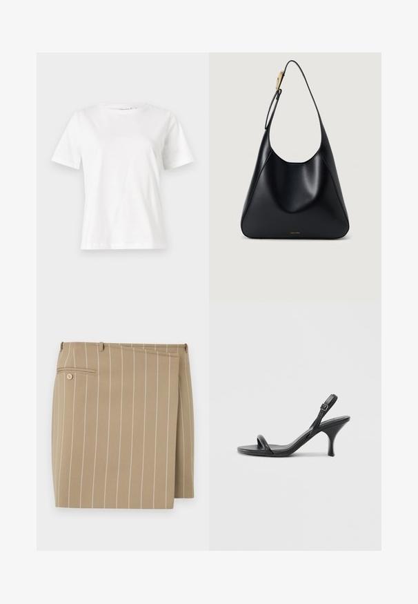 White cotton t-shirt with short sleeves, round neckline, and a relaxed fit. Smooth texture, no patterns or accents, minimalistic design.; Beige skirt with vertical white stripes, made from a textured fabric. Features a front flap and a back pocket with a button detail.; Black leather high-heeled sandals with a slim, curved heel and a crossed strap design. Adjustable ankle strap. Smooth texture.; Black leather shoulder bag with a smooth texture, curved silhouette, and a gold hardware accent. Features embossed brand logo at the base.