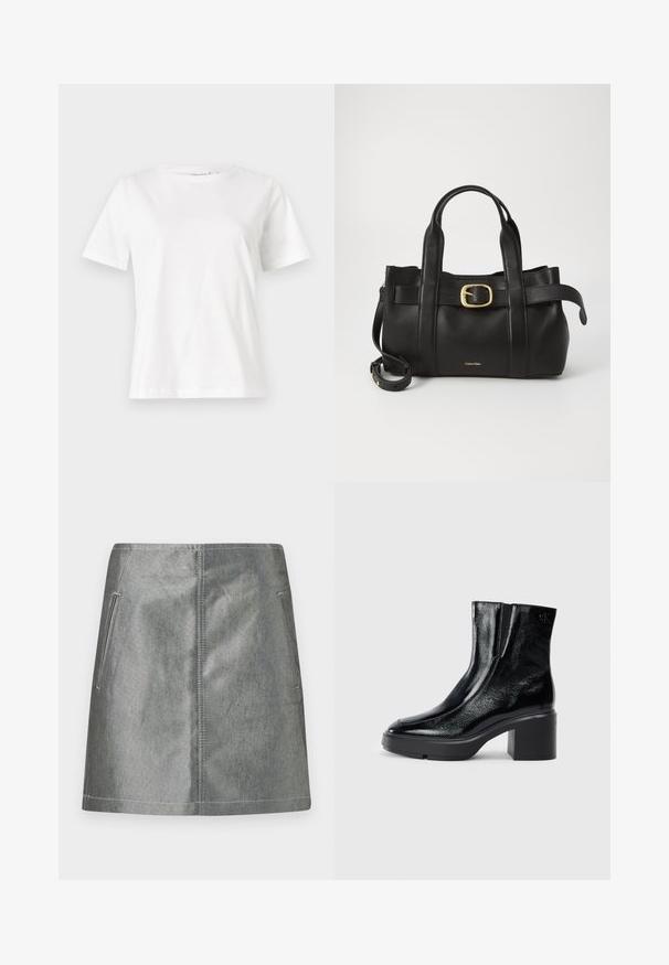 White cotton t-shirt with short sleeves, round neckline, and a relaxed fit. Smooth texture, no patterns or accents, minimalistic design.; Silver denim mini skirt with a smooth texture, featuring two side pockets and contrasting stitching. Simple, straight design with no patterns.; Black patent leather ankle boots with a curved toe, elastic side panels, and a chunky block heel. Features embossed logo on the back.; Black leather handbag featuring a structured design, dual top handles, gold-tone buckle accent, and embossed brand logo at the front.
