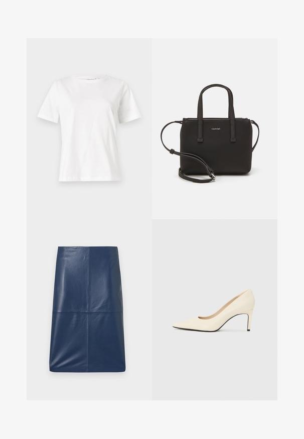 Valge puuvillane T-särk lühikeste varrukatega, ümmarguse kaelusega ja vabalt istuv. Sile tekstuur, ilma mustrite ja aktsentideta, minimalistik disain.; Tumesinine nahast pliiatsigant, millel on sile ja läikiv tekstuur, lihtsa ja voolujoonelise kujundusega ning sirge lõikega. Nähtavaid detaile ei ole.; Valge nahast kõrge kontsaga king, millel on terav nina, sile tekstuur ja musta värvi tallanipits. Klassikaline disain mõõduka kontsahaightusega.; Musthave mustrans vöö ja eemaldatav õlarihm. Gludike nahk siledaga, millel on tõmblukk ja logo detail.