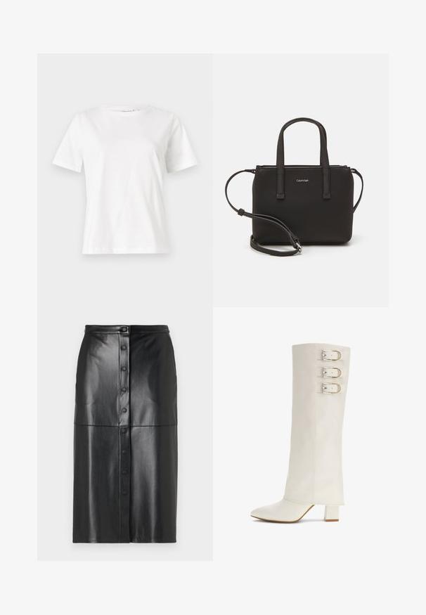 Valge puuvillane T-särk lühikeste varrukatega, ümmarguse kaelusega ja vabalt istuv. Sile tekstuur, ilma mustrite ja aktsentideta, minimalistik disain.; Mustast kunstnahast midi-seelikust, millel on ees nuppude sulgemine, sile tekstuur ja horisontaalne õmblus keskel.; Knee-high valge nahkne saabas terava ninaga, kolme metallist pandlaga ja ruudukujulise plokknäoga. Sile tekstuur, minimaalne disain.; Musthave mustrans vöö ja eemaldatav õlarihm. Gludike nahk siledaga, millel on tõmblukk ja logo detail.