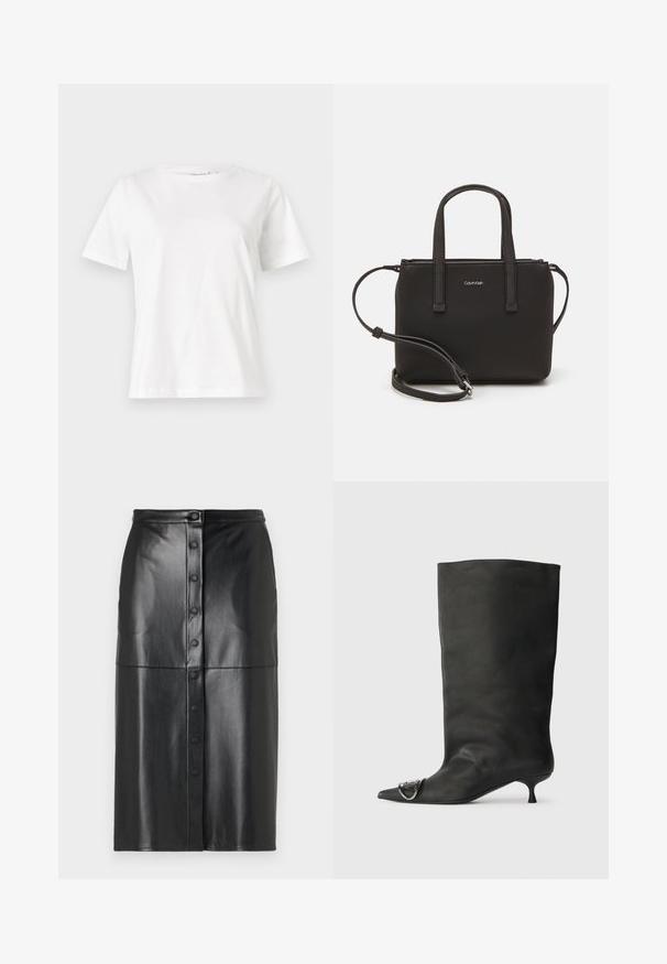 Biela bavlnená tričko s krátkymi rukávmi, okrúhlym výstrihom a voľným strihom. Hladká textúra, bez vzorov alebo akcentov, minimalistický dizajn.; Čierna midi sukňa z umelých kožených materiálov s predným zapínaním na gombíky, hladkou textúrou a vodorovným švom v strede.; Čierna kožená členková topánka s špicatou špičkou, malým podpätkom a kovovým akcentom na špičke. Hladká, matná textúra po celom povrchu.; Čierna kabelka s dvojitými krátkymi rúčkami a odnímateľným ramenným popruhom. Hladký materiál podobný koži s uzatváraním na zips a detailom loga.