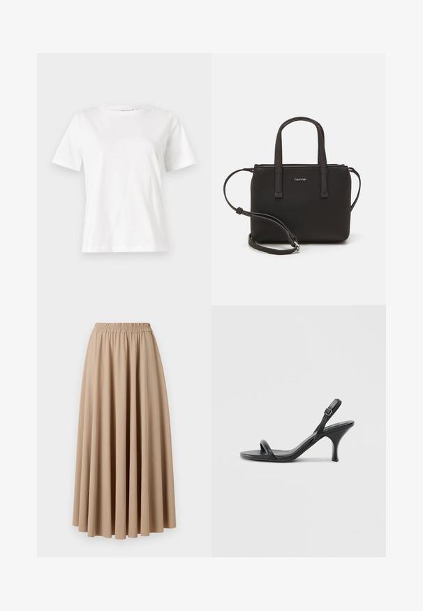 T-shirt en coton blanc à manches courtes, col rond et coupe décontractée. Texture lisse, sans motifs ni accents, design minimaliste.; Jupe maxi beige avec une taille élastique, fabriquée dans un tissu doux avec un design fluide et plissé. Texture lisse, couleur unie.; Sandales à talons hauts en cuir noir avec un talon fin et courbé et un design de brides croisées. Bride de cheville réglable. Texture lisse.; Sac à main noir avec deux poignées courtes et une bandoulière amovible. Matière lisse semblable à du cuir avec une fermeture éclair et un détail de logo.