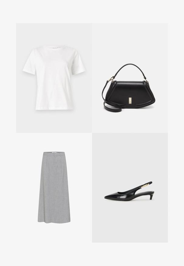 T-shirt bianca in cotone con maniche corte, scollatura rotonda e vestibilità rilassata. Struttura liscia, senza motivi né accenti, design minimalista.; Gonna grigia di lunghezza ginocchio con una texture liscia e un sottile motivo mélange. Presenta una parte anteriore piatta con pieghe e una vita sagomata.; Tacchi slingback in pelle nera con punta affusolata, caratterizzati da un tacco alto e un accento dorato sulla cinghia regolabile. Texture liscia.; Borsa a mano in pelle nera con un design strutturato, caratterizzata da una forma corta, manico superiore e accessori in metallo dorato. Inclusa tracolla regolabile.