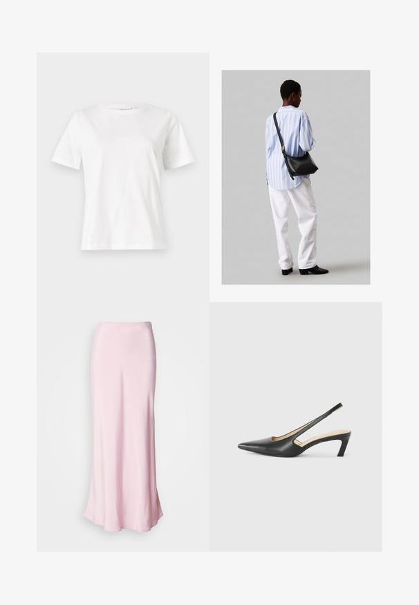 Balta medvilninė marškinėliai trumpomis rankovėmis, su apvalia iškirpte ir laisvu siluetu. Lygi tekstūra, be raštų ar akcentų, minimalistinis dizainas.; Rožinė satino maksi sijonas su lygiu paviršiumi, aptempta talija ir lengvu išsipūtimu apačioje, puoštas maža dekoratyvine sagute.; Juodas smailus slingback batelis su žemu kulnu, pagamintas iš lygaus odos paviršiaus ir su išpjovomis šone, užtikrinančiomis oro pralaidumą.; Juodas odinis petinis krepšys su minkšta tekstūra, trikampiu pavidalu ir reguliuojama juosta, derinamas su šviesiai mėlynu dryžuotu marškinėliu ir baltais džinsais.