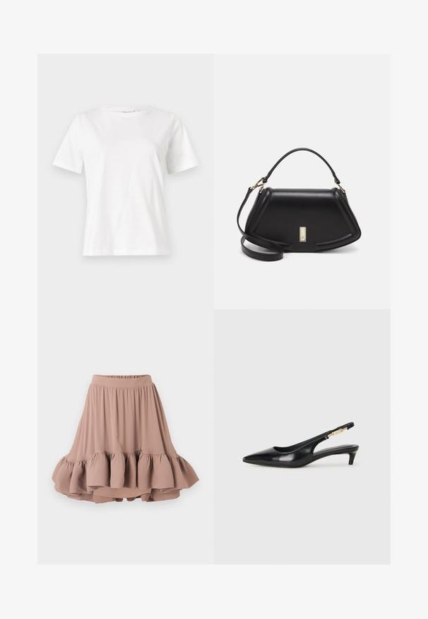 Valkoinen puuvillapaita lyhyillä hihoilla, pyöreällä kaula-aukolla ja rentolla istuvuudella. Sujuva rakenne, ei kuvioita tai yksityiskohtia, minimalistinen muotoilu.; Hame ringan berwarna coklat muda sepanjang lutut terbuat dari kain lembut, menampilkan pinggang lebar dan hem ruffle berlapis yang mengembang. Tekstur halus di seluruhnya.; Mustat nahkaiset slingback-korkokengät, joissa on terävä kärki, ohuet korot ja kultasävytteinen yksityiskohta säädettävässä hihnassa. Silkkinen pinta.; Mustalla nahkalaukulla, jossa on jämäkkä muotoilu, lyhyt malli, yläkahva ja kultaiset yksityiskohdat. Säädettävä olkahihna sisältyy.