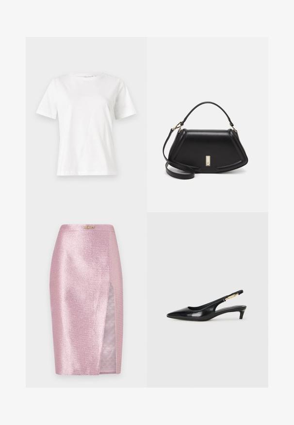 Valkoinen puuvillapaita lyhyillä hihoilla, pyöreällä kaula-aukolla ja rentolla istuvuudella. Sujuva rakenne, ei kuvioita tai yksityiskohtia, minimalistinen muotoilu.; Vaaleanpunainen, hohtava hame, jossa on sivuhalkio ja hillitty Fendi-logo vuorena. Sujuva pinta, vartalonmyötäinen muotoilu ja metalliset yksityiskohdat korostavat tyyliä.; Mustat nahkaiset slingback-korkokengät, joissa on terävä kärki, ohuet korot ja kultasävytteinen yksityiskohta säädettävässä hihnassa. Silkkinen pinta.; Mustalla nahkalaukulla, jossa on jämäkkä muotoilu, lyhyt malli, yläkahva ja kultaiset yksityiskohdat. Säädettävä olkahihna sisältyy.