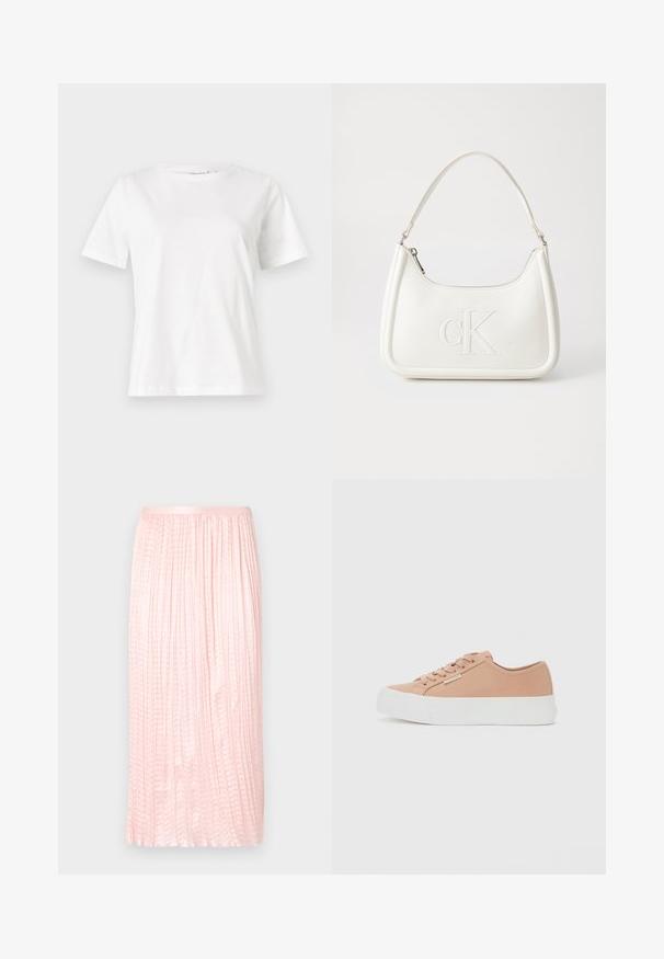 Fehér pamut póló rövid ujjakkal, kerek nyakkivágással és laza szabással. Sima textúra, nincsenek minták vagy díszítések, minimalista dizájn.; Ráncolt midi szoknya puha rózsaszínben, sima textúrával és rugalmas derékrésszel. Vertikális redőkkel készült, így lebegő megjelenést biztosít.; Alacsony szárú, pasztell rózsaszín sneaker, fűzős elülső résszel, fehér platform talppal és apró fémszíjjal az oldalon.; Fehér bőrtáska ívelt formájú, elöl feltűnő "CK" logóval, egyetlen vállpánttal. Cipzáras zárás a tetején.