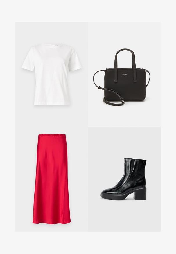 Biela bavlnená tričko s krátkymi rukávmi, okrúhlym výstrihom a voľným strihom. Hladká textúra, bez vzorov alebo akcentov, minimalistický dizajn.; Saténová červená midi sukňa s elastickým pásom, hladkou textúrou a splývavým strihom, ktorý sa smerom k spodnému okraju zužuje.; Čierne lakované členkové topánky s zakrivenou špičkou, elastickými bočnými panelmi a masívnym blokovým opätkom. S embosovaným logom na zadnej strane.; Čierna kabelka s dvojitými krátkymi rúčkami a odnímateľným ramenným popruhom. Hladký materiál podobný koži s uzatváraním na zips a detailom loga.