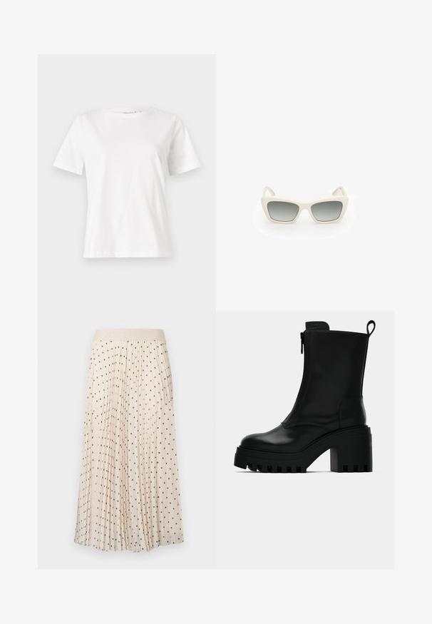 Weißes Baumwoll-T-Shirt mit kurzen Ärmeln, Rundhalsausschnitt und lockerer Passform. Glatte Textur, keine Muster oder Akzente, minimalistisches Design.; Cremefarbener Rock mit Plisseefalten und schwarzen Punkten, ausgestattet mit einem weichen Taillenbund. Hergestellt aus leichtem Stoff, bietet er eine glatte Textur und ein fließendes Design.; Schwarze Lederstiefelette mit derben Profilsohle, Blockabsatz, seitlichem Reißverschluss und Zugschlaufe auf der Rückseite vor weißem Hintergrund.; Sonnenbrille mit einem Cat-Eye-Design, weißem Kunststoffrahmen, grauen Verlaufsgläsern und dünnen Bügeln mit subtilen Markenakzenten.