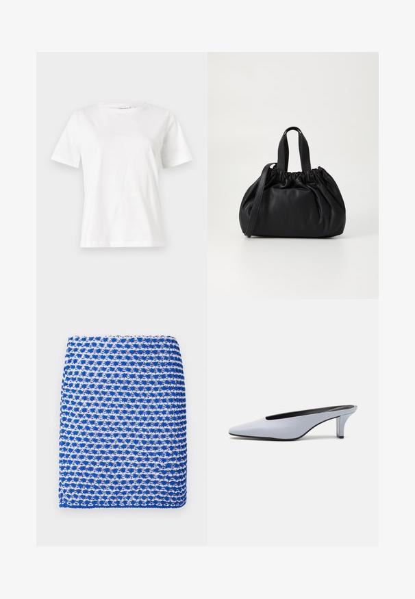 White cotton t-shirt with short sleeves, round neckline, and a relaxed fit. Smooth texture, no patterns or accents, minimalistic design.; Blue and white patterned knitted scarf, featuring a textured weave and rectangular shape, with a lightweight fabric composition.; Light blue patent leather mule with a pointed toe, low transparent heel, and a sleek design featuring a cut-out at the vamp.; Black leather handbag with a gathered top design, featuring two short handles and a long adjustable strap. Smooth texture, rounded shape.