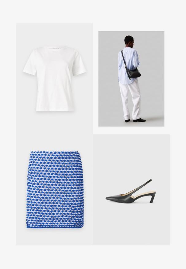 Baltas kokvilnas T-krekls ar īsām piedurknēm, apaļu kakla izgriezumu un brīvu piegriezumu. Gluda tekstūra, bez rakstiem vai akcentiem, minimālistisks dizains.; Zila un balta rakstota adīta šalle ar tekstūras audumu un taisnstūra formu, kas izgatavota no viegla auduma.; Melna, ar smailu purngalu, slingback kurpe ar zemu papēdi, izgatavota no gludas ādas materiāla un ar izgriezumiem sānos gaisa caurlaidībai.; Melna ādas plecu soma ar mīkstu tekstūru, trīsstūra formu un regulējamu siksnu, apvienota ar gaiši zilu svītrotu krekli un baltām biksēm.