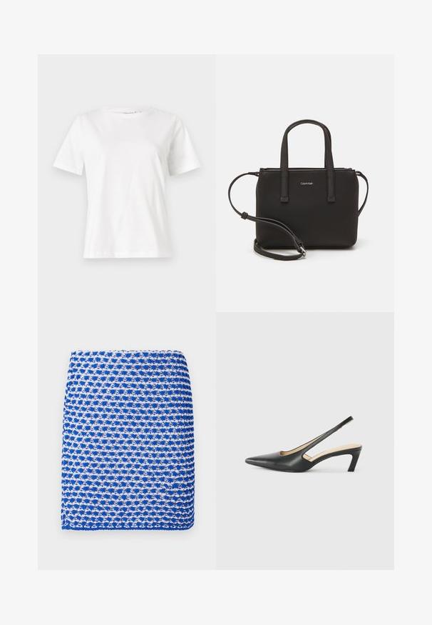 Balta medvilninė marškinėliai trumpomis rankovėmis, su apvalia iškirpte ir laisvu siluetu. Lygi tekstūra, be raštų ar akcentų, minimalistinis dizainas.; Mėlynos ir baltos spalvų raštuotas megztas šalikas, kuris pasižymi tekstūrinio audimo ir stačiakampio formos, pagamintas iš lengvos medžiagos.; Juodas smailus slingback batelis su žemu kulnu, pagamintas iš lygaus odos paviršiaus ir su išpjovomis šone, užtikrinančiomis oro pralaidumą.; Juoda rankinė su dviem trumpais rankenėlėmis ir nuimamu petį. Lygaus odos tipo medžiaga su užtrauktuku ir logotipo detale.