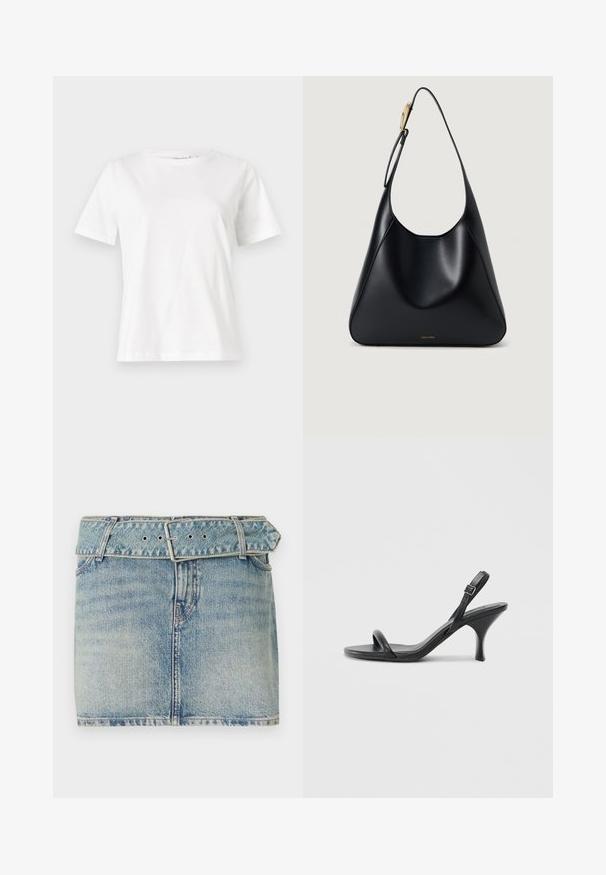 Biela bavlnená tričko s krátkymi rukávmi, okrúhlym výstrihom a voľným strihom. Hladká textúra, bez vzorov alebo akcentov, minimalistický dizajn.; Džínová mini sukňa so svetlomodrým pranie, s opaskom na páse a kovovou sponou, piatimi vreckami a jemným vyblednutím pre textúru.; Čierne kožené sandále na vysokom podpätku s štíhlym, zakriveným podpätkom a prekríženým pásikovým dizajnom. Nastaviteľný pásik okolo členka. Hladká textúra.; Čierna kožená taška cez rameno s hladkou textúrou, zakrivenou siluetou a zlatými kovovými akcentmi. Vytlačené logo značky sa nachádza na spodnej časti.