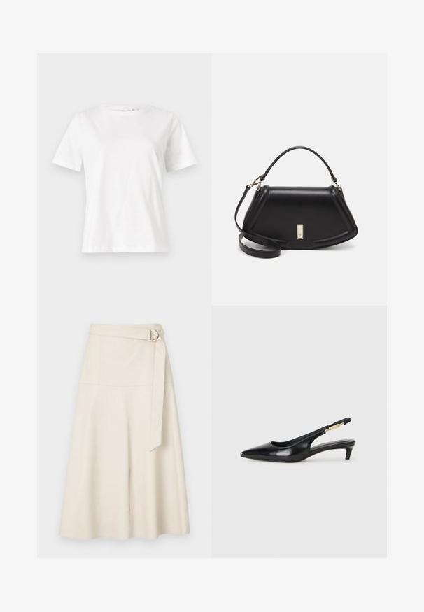 Hvid bomulds t-shirt med korte ærmer, rund halsudskæring og en afslappet pasform. Glat tekstur, ingen mønstre eller accenter, minimalistisk design.; Creme faux læder midi-nederdel med en bred talje, bælte-detalje og A-formet silhouette. Glat tekstur med syede sømme og minimale detaljer.; Sorte læder slingback hæle med spids tå, der har en slank hæl og en guldfarvet detalje på den justerbare rem. Glat tekstur.; Sort læderhåndtaske med en struktureret design, der har en kortet form, tophåndtag og guld hardware-accenter. Justerbar skulderrem inkluderet.