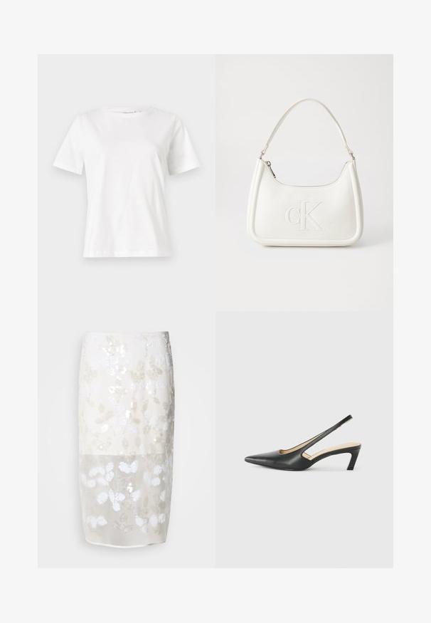 Balta medvilninė marškinėliai trumpomis rankovėmis, su apvalia iškirpte ir laisvu siluetu. Lygi tekstūra, be raštų ar akcentų, minimalistinis dizainas.; Kelio ilgio sijonas kreminės spalvos su gėlių pailgintų blizgučių raštu. Pusiau permatomas viršutinis sluoksnis, aptrauktas pamušalu. Lygus paviršius su įvairiais baltais akcentais.; Juodas smailus slingback batelis su žemu kulnu, pagamintas iš lygaus odos paviršiaus ir su išpjovomis šone, užtikrinančiomis oro pralaidumą.; Balta odinė rankinė su išlenkta forma, su reljefiniu "CK" logotipu priekyje ir viena petneša. Užtrauktuko uždarymas viršuje.