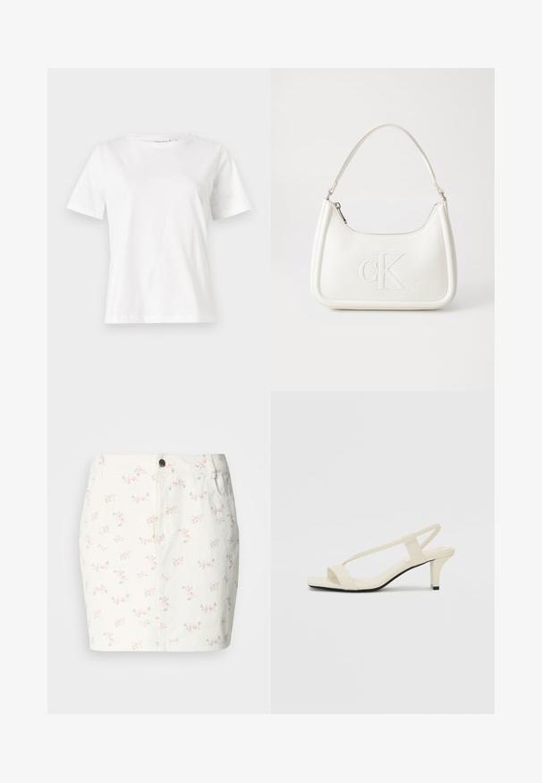 Biela bavlnená tričko s krátkymi rukávmi, okrúhlym výstrihom a voľným strihom. Hladká textúra, bez vzorov alebo akcentov, minimalistický dizajn.; Biely riflový sukňa s kvetinovým vzorom v ružovej a zelenej farbe, s predným uzáverom na gombíky a bočnými vreckami. Krátka dĺžka.; Béžové sandále na blokovom podpätku s tenkými pásikmi a štvorcovou špičkou. Hladký materiál s minimálnym detailovaním, navrhnuté pre ľahké nosenie.; Biela kožená kabelka s zakriveným tvarom, na prednej strane s embosovaným logom "CK" a jedným ramenným popruhom. Zipsové zapínanie navrchu.