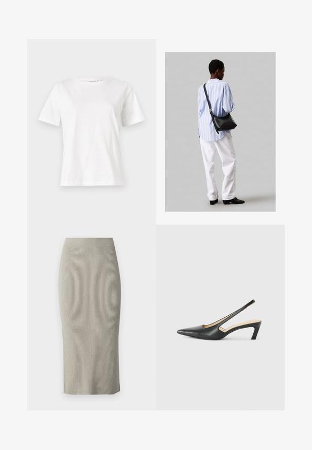 Hvit bomull t-skjorte med korte ermer, rund hals og avslappet passform. Glatt tekstur, ingen mønstre eller detaljer, minimalistisk design.; Strikket midi-skjørt i lys grå med ribbet tekstur, tettsittende design og sidesliss, med en glatt midjebånd for komfort.; Svart spiss tå slingback-sko med lav hæl, laget av jevnt skinnmateriale og med utskåret design på siden for pusteevne.; Svart lær skulderveske med en myk tekstur, trekantet form og justerbar stropp, kombinert med en lyseblå stripete skjorte og hvite bukser.
