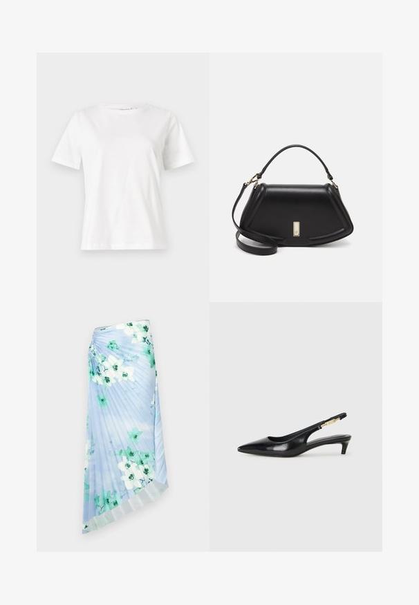 Vit bomullströja med korta ärmar, rund halsringning och en avslappnad passform. Slät textur, inga mönster eller detaljer, minimalistisk design.; Plisserad kjol i ljusblått tyg med blommönster som har gröna och vita blommor; subtil lyster och kontrasterande texturerad fåll.; Svart läder slingback-hälar med spetsig tå, med en smal klack och en guldtonad detalj på den justerbara remmen. Slät textur.; Svart läderhandväska med en strukturerad design, som har en avskuren form, ett handtag upptill och guldiga detaljer. Justerbar axelrem ingår.