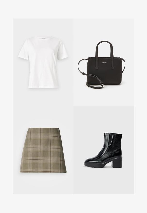 Witte katoenen t-shirt met korte mouwen, ronde halslijn en een ontspannen pasvorm. Gladde textuur, geen patronen of accenten, minimalistisch ontwerp.; Geruite mini-rok in olijfgroen en beige, met een rechte snit, een subtiele textuur en een klein logo-accent bij de tailleband.; Zwarte gepatenteerde leren enkellaarsjes met een gebogen neus, elastische zijpanelen en een chunky blokhak. Voorzien van een reliëflogo aan de achterkant.; Zwarte handtas met dubbele korte handvatten en een afneembare schouderriem. Glad, leerachtig materiaal met een ritssluiting en logo-detail.