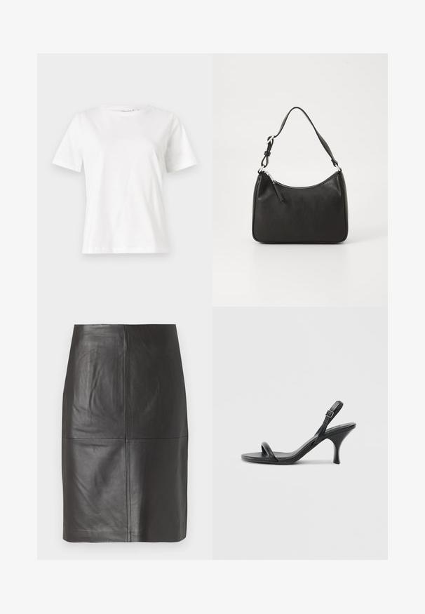 T-shirt en coton blanc à manches courtes, col rond et coupe décontractée. Texture lisse, sans motifs ni accents, design minimaliste.; Jupe en cuir noir avec une texture lisse, présentant des coutures verticales et un design droit. Aucun matériel ou accent visible.; Sandales à talons hauts en cuir noir avec un talon fin et courbé et un design de brides croisées. Bride de cheville réglable. Texture lisse.; Sac à main en cuir noir avec une forme courbée, une seule sangle, fermeture éclair et un logo discret à l'avant. Texture lisse, design minimaliste.