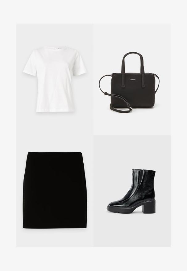 Valge puuvillane T-särk lühikeste varrukatega, ümmarguse kaelusega ja vabalt istuv. Sile tekstuur, ilma mustrite ja aktsentideta, minimalistik disain.; Must have mustrips kleit mustripsist valmistatud ja kumaliku analüüsiga. Puhaste joontega ja sirge lõikega.; Mustmustest must paeltega särkide, millel on kõver varvas, elastsed külgpaneelid ja jäme plokkpealse. Tagaküljel on reljeefne logo.; Musthave mustrans vöö ja eemaldatav õlarihm. Gludike nahk siledaga, millel on tõmblukk ja logo detail.