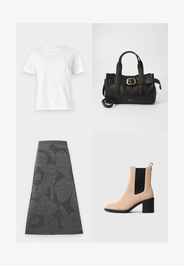 White cotton t-shirt with short sleeves, round neckline, and a relaxed fit. Smooth texture, no patterns or accents, minimalistic design.; Gray, knee-length skirt with a textured, sparkly finish. Features a subtle dark pattern. A-line design with a fitted waistband.; Beige suede ankle boot with a block heel, featuring a black elastic gusset and pull tab at the back. Smooth texture and rounded toe design.; Black leather handbag featuring a structured design, dual top handles, gold-tone buckle accent, and embossed brand logo at the front.