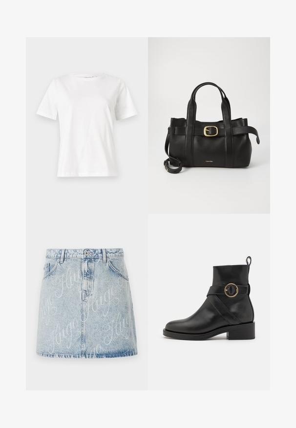 White cotton t-shirt with short sleeves, round neckline, and a relaxed fit. Smooth texture, no patterns or accents, minimalistic design.; Light blue denim skirt with faded wash, featuring a front button closure and all-over "Hugo" logo pattern. Five-pocket style.; BOSS IRYNA BOOTIE - Platform ankle boots - black; Black leather handbag featuring a structured design, dual top handles, gold-tone buckle accent, and embossed brand logo at the front.