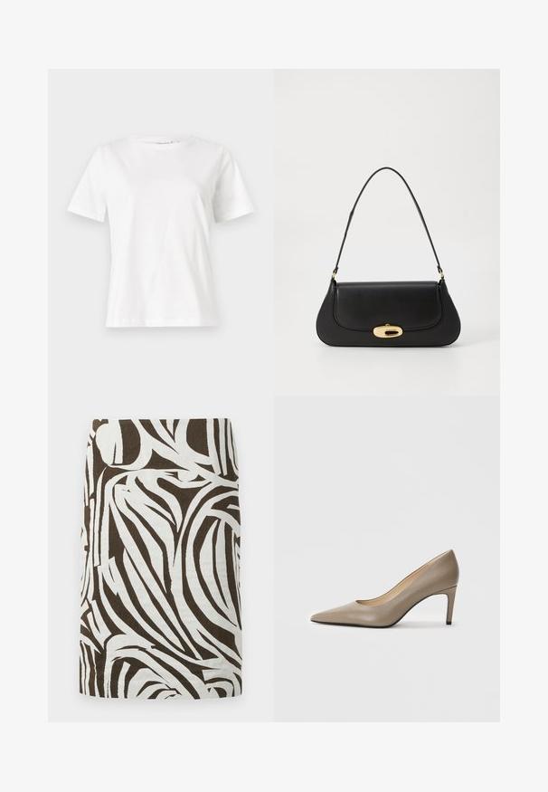 Vit bomullströja med korta ärmar, rund halsringning och en avslappnad passform. Slät textur, inga mönster eller detaljer, minimalistisk design.; Brun och vit pennkjol med abstrakt zebraliknande mönster, knälång och rak skärning.; Beige läder högklackad sko med spetsig tå och en smal 7 cm klack. Slät yta och minimalistisk design utan synliga dekorationer.; Svart läderhandväska med en böjd design, hårdvara i guldton, och ett handtag ovanpå. Har en snygg stängning och en mjuk yta.