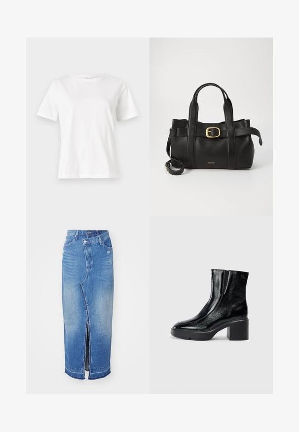 Valge puuvillane T-särk lühikeste varrukatega, ümmarguse kaelusega ja vabalt istuv. Sile tekstuur, ilma mustrite ja aktsentideta, minimalistik disain.; Heled sinine denimskirt esifissiga. Omab kõrget taljet, traditsioonilist viie tasku kujundust ning narmendavat äärt.; Mustmustest must paeltega särkide, millel on kõver varvas, elastsed külgpaneelid ja jäme plokkpealse. Tagaküljel on reljeefne logo.; Must mustraga nahkakott, millel on struktureeritud disain, kaks ülemist kanda, kuldse tooni pandla aktsent ja esiküljel embosseeritud brändi logo.