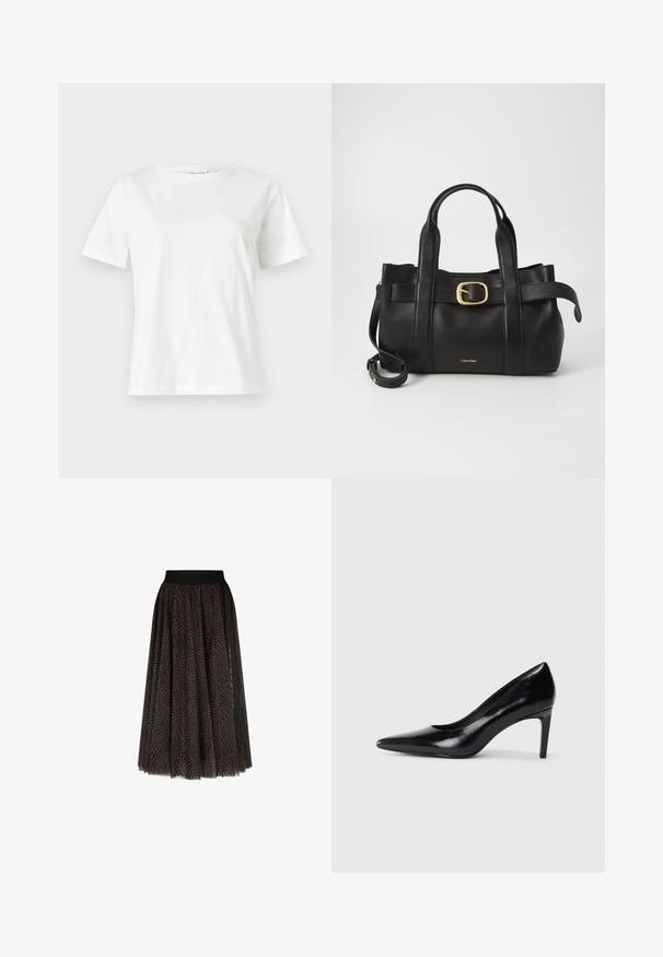 Hvid bomulds t-shirt med korte ærmer, rund halsudskæring og en afslappet pasform. Glat tekstur, ingen mønstre eller accenter, minimalistisk design.; Brun og sort mønstret midi nederdel med en sort elastisk talje og vertikal sort stribe detalje på den ene side.; Sort læder højhælede sko med spids tå, glat tekstur og en taperet hæl. Minimalistisk design uden yderligere udsmykninger.; Sort læderhåndtaske med et struktureret design, dobbelte toppegreb, guldtonet spændeaccents og præget logo på forsiden.