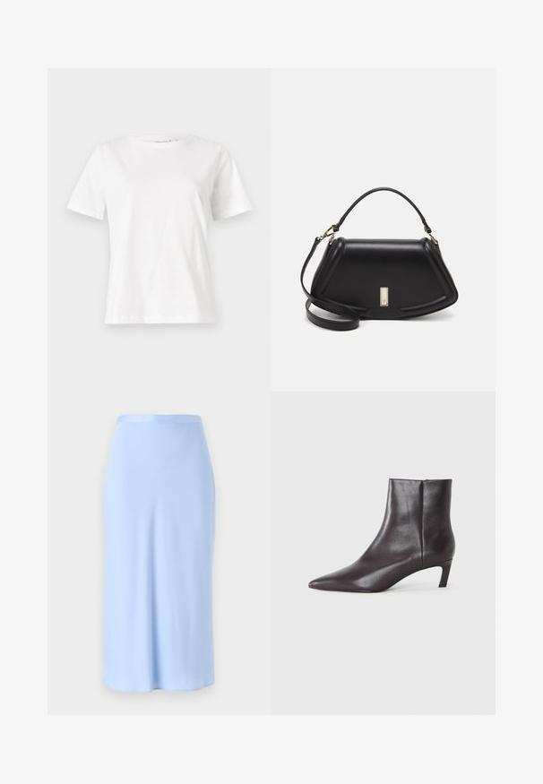 Valkoinen puuvillapaita lyhyillä hihoilla, pyöreällä kaula-aukolla ja rentolla istuvuudella. Sujuva rakenne, ei kuvioita tai yksityiskohtia, minimalistinen muotoilu.; Vaaleansininen puolipitkä hame, joka on valmistettu sileästä kankaasta. Muotonsa mukainen vyötärö, suoralla silhouette ja minimaalinen saumaus. Hillitty kiilto pinnassa.; Mustat nahkakengät nilkkurit, joissa on terävä kärki ja matala kitten-kanta, sileä pinta, sivuvetoketju, esitetty neutraalilla taustalla.; Mustalla nahkalaukulla, jossa on jämäkkä muotoilu, lyhyt malli, yläkahva ja kultaiset yksityiskohdat. Säädettävä olkahihna sisältyy.