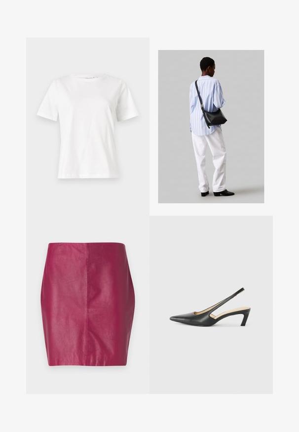 Fehér pamut póló rövid ujjakkal, kerek nyakkivágással és laza szabással. Sima textúra, nincsenek minták vagy díszítések, minimalista dizájn.; Feszes, magas derekú szoknya élénk fukszia bőrből, sima textúrával és minimális varrásokkal, kiemelve a letisztult dizájnt.; Fekete, hegyes orrú, slingback cipő alacsony sarkával, sima bőrből készült, oldalt kivágott deisgnal a légáteresztőképesség érdekében.; Fekete bőr válltáska puha tapintással, háromszög alakú, állítható pánttal, világoskék csíkos inggel és fehér nadrággal párosítva.