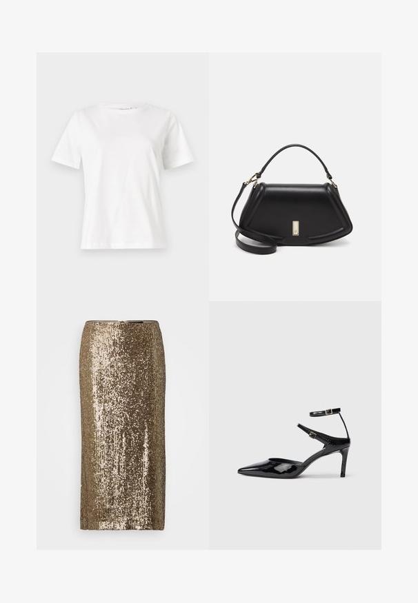 Weißes Baumwoll-T-Shirt mit kurzen Ärmeln, Rundhalsausschnitt und lockerer Passform. Glatte Textur, keine Muster oder Akzente, minimalistisches Design.; Goldener Pailletten-Bleistiftrock mit gerader Form, strukturierter Oberfläche und verdecktem Reißverschluss hinten. Reflektierende Pailletten bedecken das gesamte Gewebe.; Schwarze Lacklederabsätze mit spitzer Zehenpartie, verstellbaren Knöchelriemen und einem schlanken Absatz. Glatte Textur mit glänzender Oberfläche.; Schwarze Lederhandtasche mit einem strukturierten Design, das eine verkürzte Form, einen oberen Griff und goldfarbene Hardware-Details aufweist. Verstellbarer Schulterriemen ist enthalten.