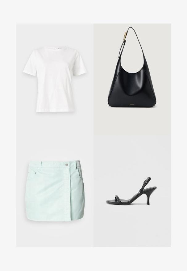 White cotton t-shirt with short sleeves, round neckline, and a relaxed fit. Smooth texture, no patterns or accents, minimalistic design.; Light mint green denim skirt with a front button and zipper closure, two side pockets, and a clean, smooth texture.; Black leather high-heeled sandals with a slim, curved heel and a crossed strap design. Adjustable ankle strap. Smooth texture.; Black leather shoulder bag with a smooth texture, curved silhouette, and a gold hardware accent. Features embossed brand logo at the base.